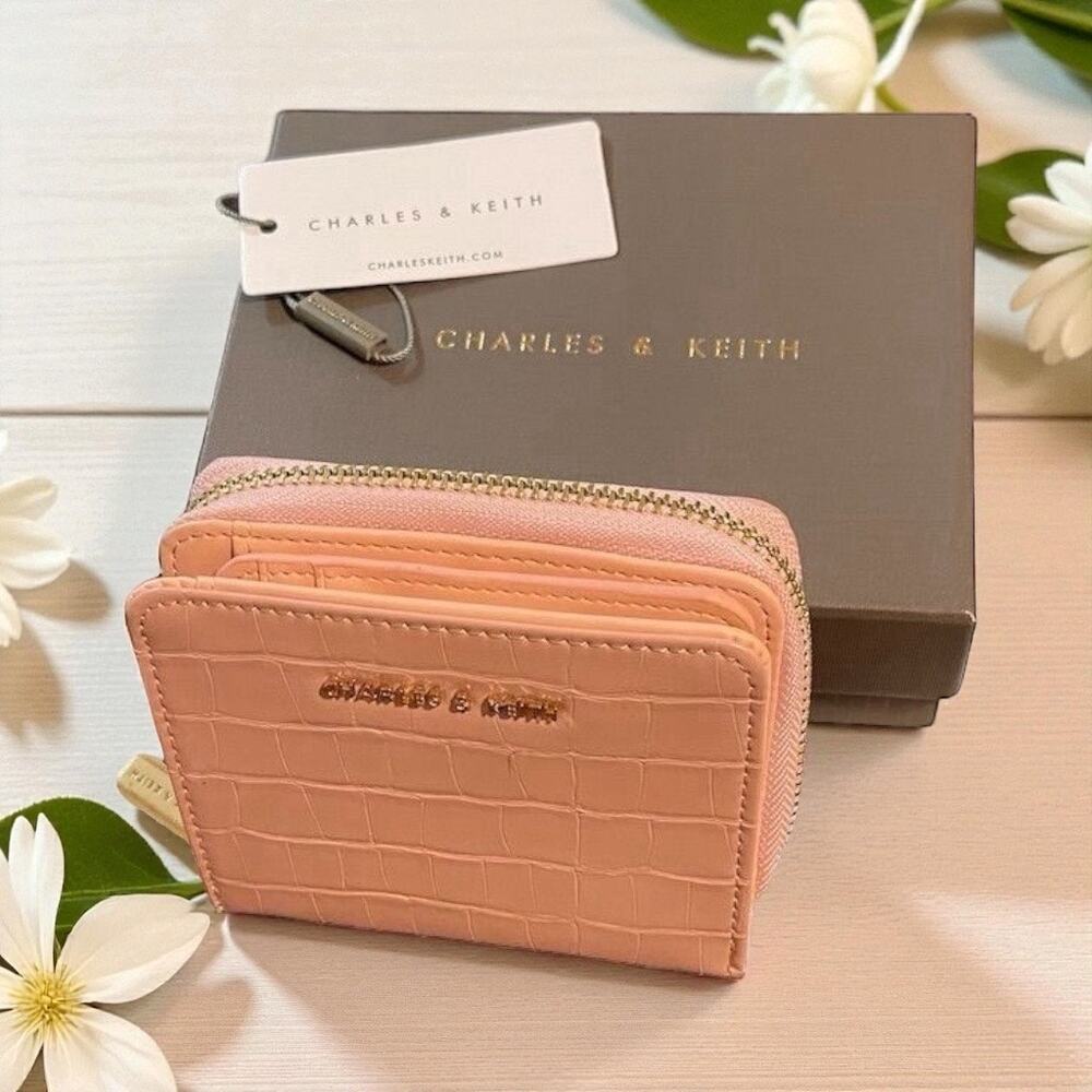 Charles & Keith Pink Crocodile Embossed Mini Zip-Around Wallet
